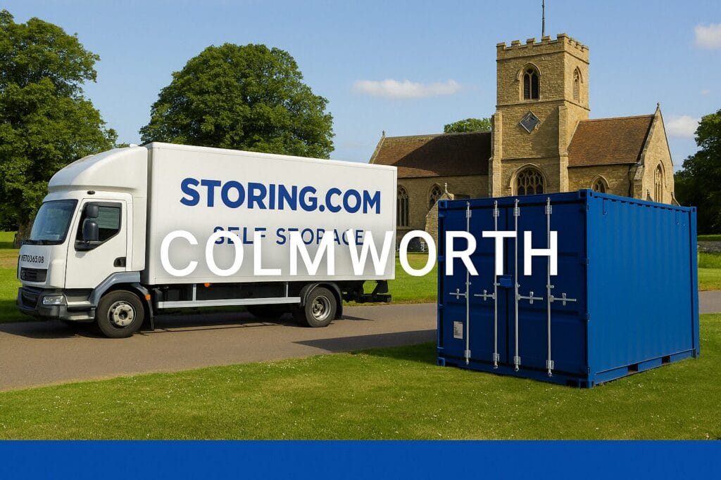 Moving truck and blue storage container sit on a road beside a green lawn with a stone church and trees in the background.
