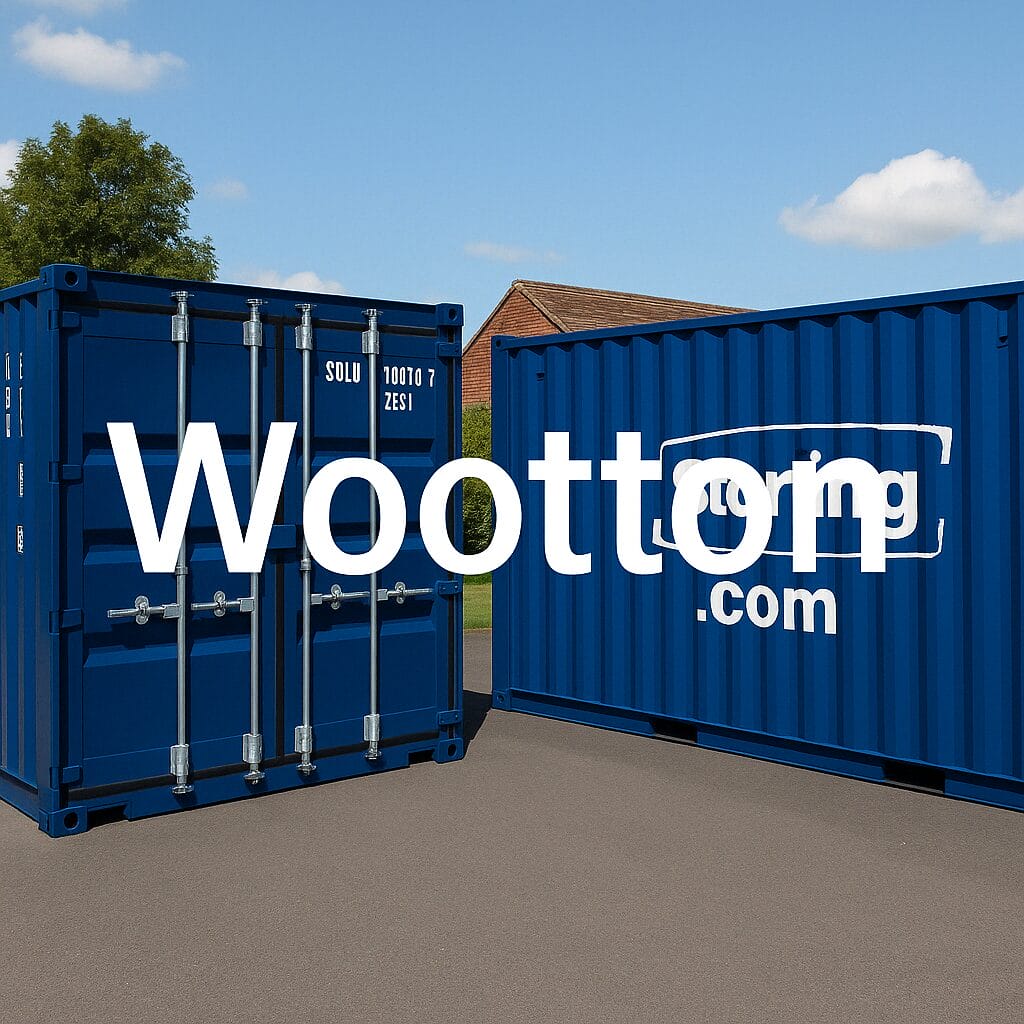 Two blue shipping containers on pavement with the word "Wootton" overlaid in large white text. One container displays a company logo and website. Trees and a building are in the background.
