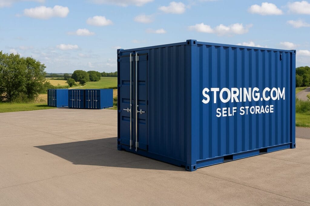 “Storing.com blue container units near Newton Blossomville with countryside access”
