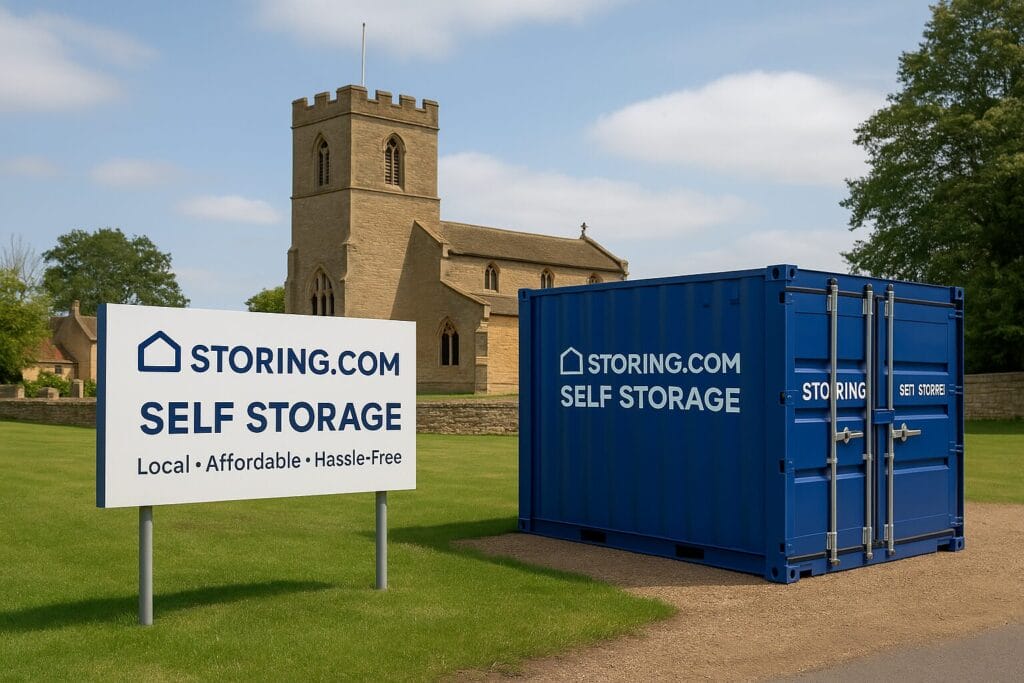 A blue storage container and a sign reading "Storing.com Self Storage" are positioned on a grassy area in front of a stone church building.