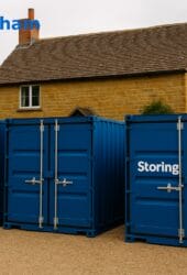 Three blue storage containers labeled "Storing.com" stand in front of a house with "Great Denham" written in blue text in the top left corner.
