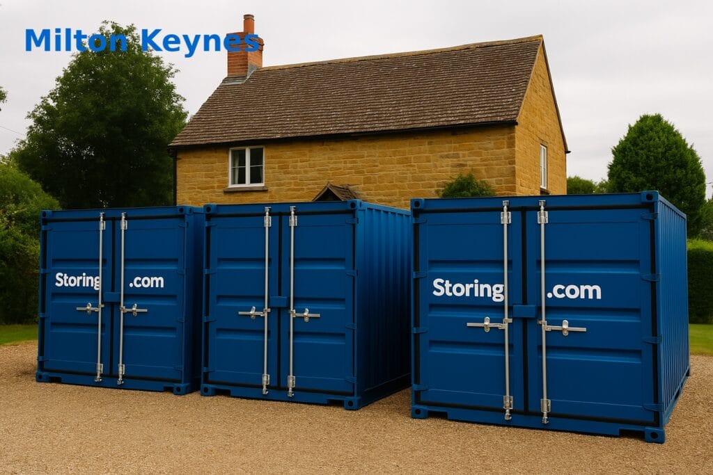 Three blue storage containers labeled "Storing.com" are placed outside a traditional stone house with trees in the background. The text "Milton Keynes" is in the top left corner.