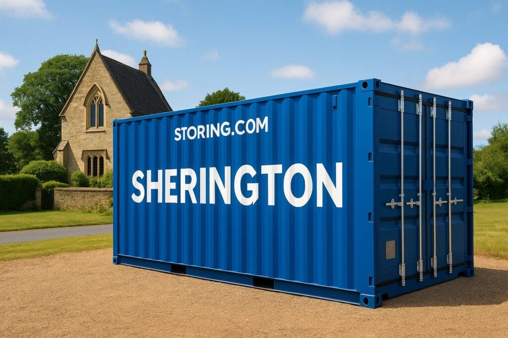 Storing.com self storage container with "Sherington" text in a rural Bedfordshire setting