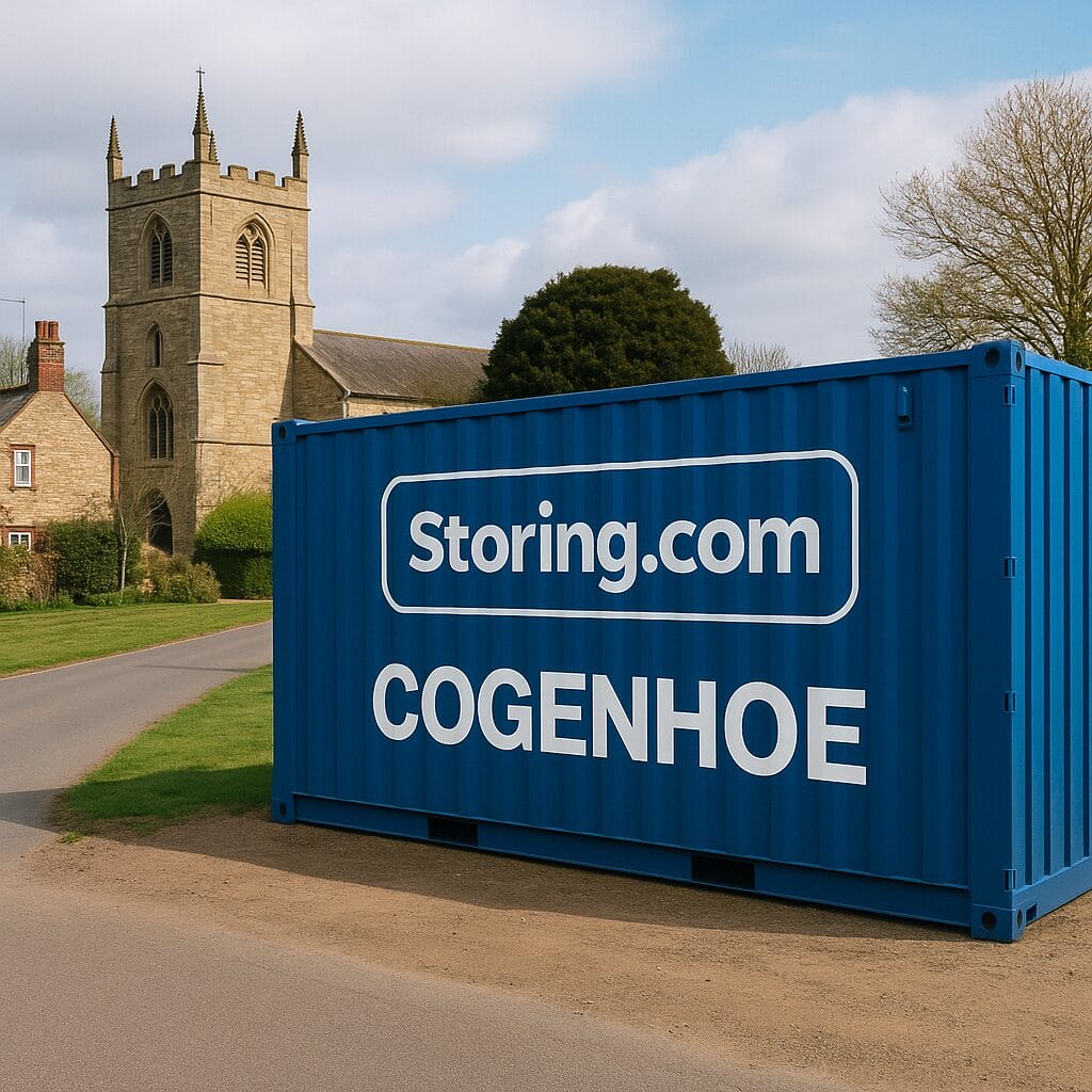 Drive-up self storage container branded for Cogenhoe, located at a secure rural depot