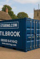 Self storage containers at a rural facility near Tilbrook with village name overlaid