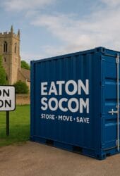 Storing.com self storage container with “Eaton Socon” label in a rural setting near St Neots