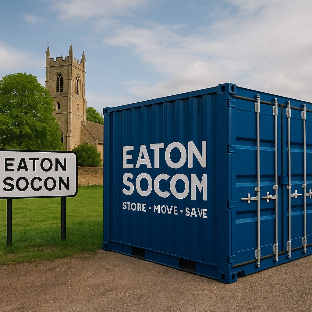 Storing.com self storage container with “Eaton Socon” label in a rural setting near St Neots