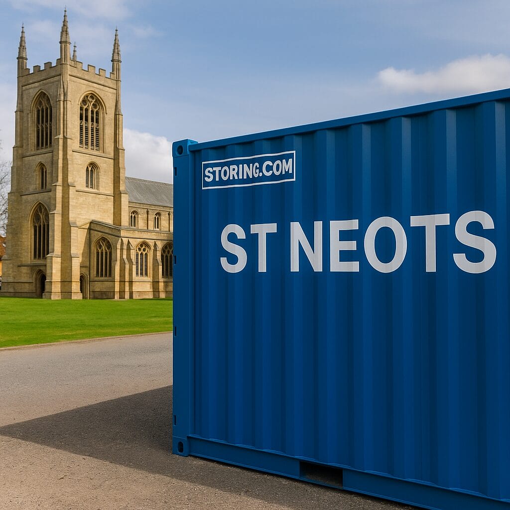 Storing.com self storage container branded for St Neots at a secure countryside depot