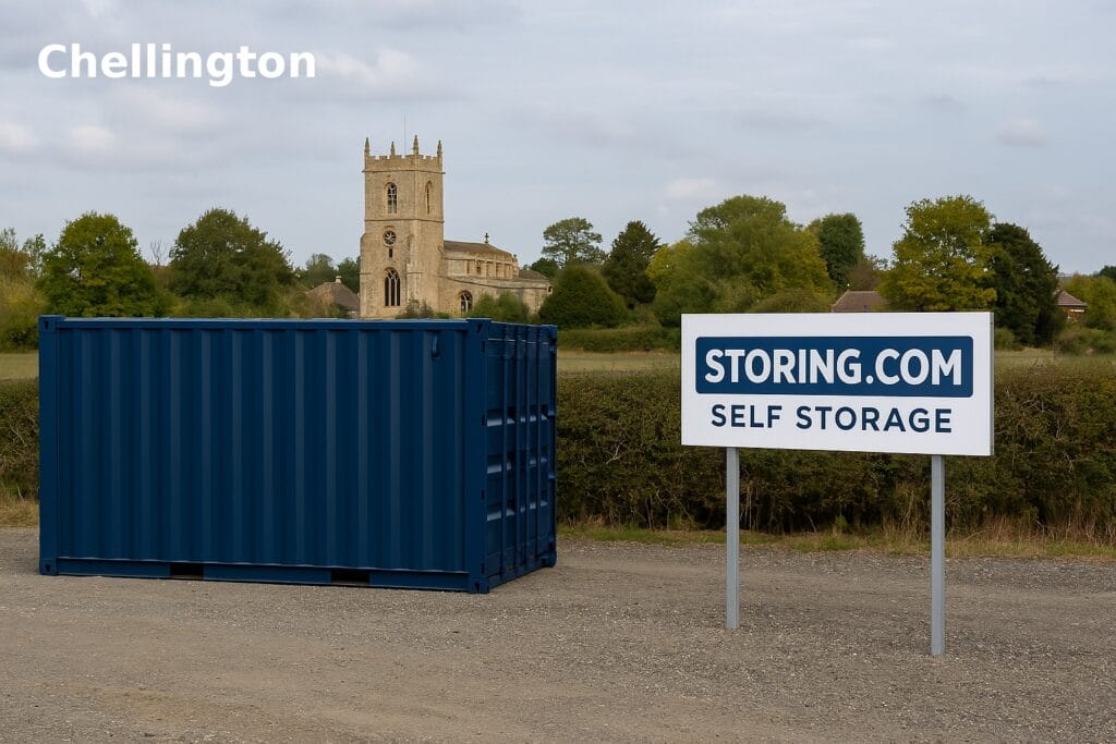 Self storage container at Storing.com’s Bletsoe depot with the word “Chellington” overlaid